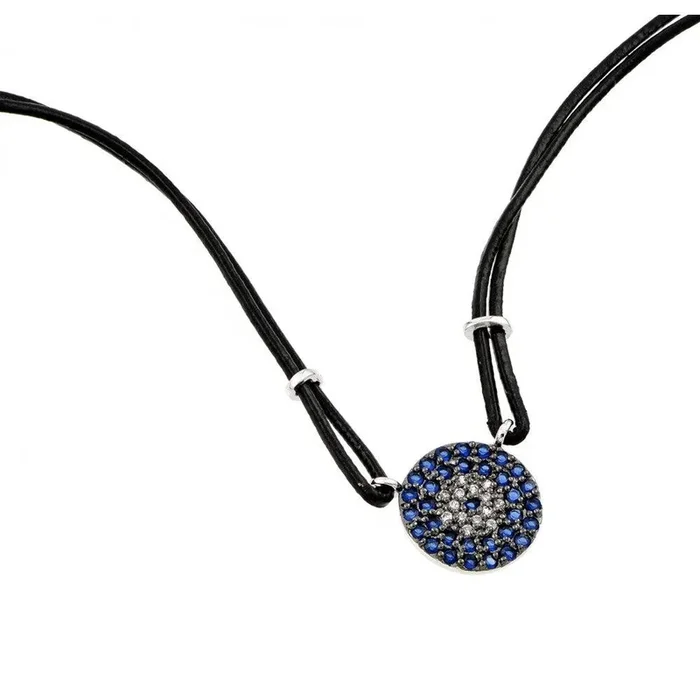 Silver 925 Rhodium Plated Circle with Blue and Clear CZ Stones Pendant Necklace – BGP00888