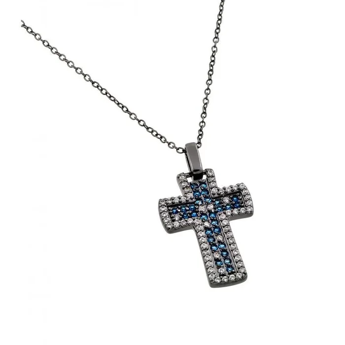 Silver 925 Rhodium Plated Clear and Blue CZ Oxidized Cross Pendant Necklace – BGP00872