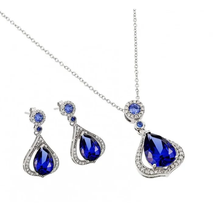Silver 925 Rhodium Plated Clear and Blue Teardrop CZ Dangling Stud Earring and Dangling Necklace Set – BGS00440