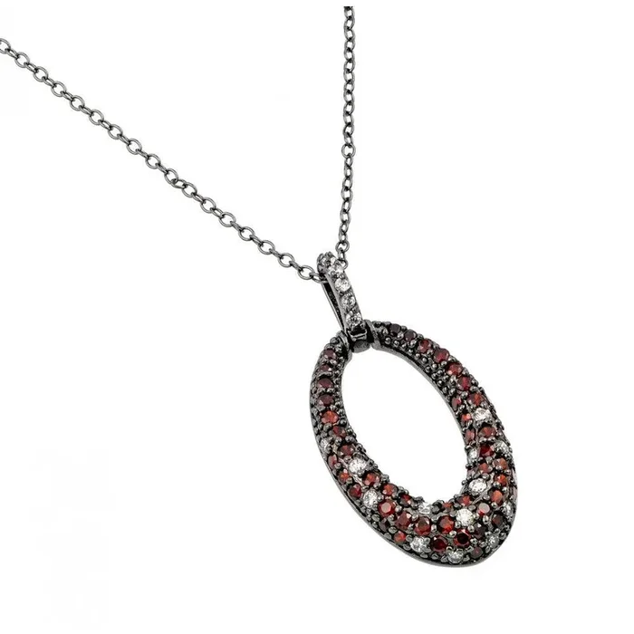 Silver 925 Rhodium Plated Clear and Red CZ Stone Oval Hoop Pendant Necklace – BGP00889GAR
