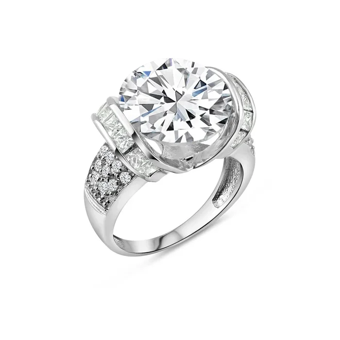 Silver 925 Rhodium Plated Clear Baguette Pave Set Round Center CZ Bridal Ring – BGR00256