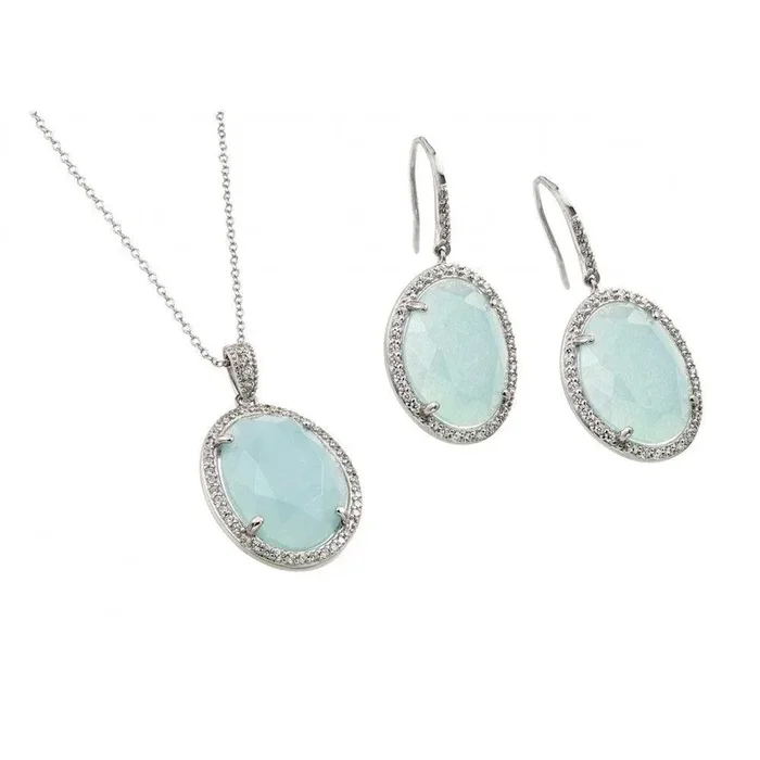 Silver 925 Rhodium Plated Clear Cluster Light Blue Oval CZ Hook Earring and Necklace Set – BGS00411