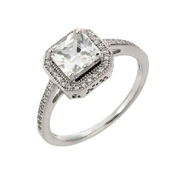 Silver 925 Rhodium Plated Clear Cluster Square Cut CZ Bridal Ring – STR00933