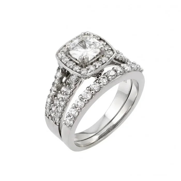 Silver 925 Rhodium Plated Clear Cluster Square CZ Engagement Ring Pair Set – STR00983