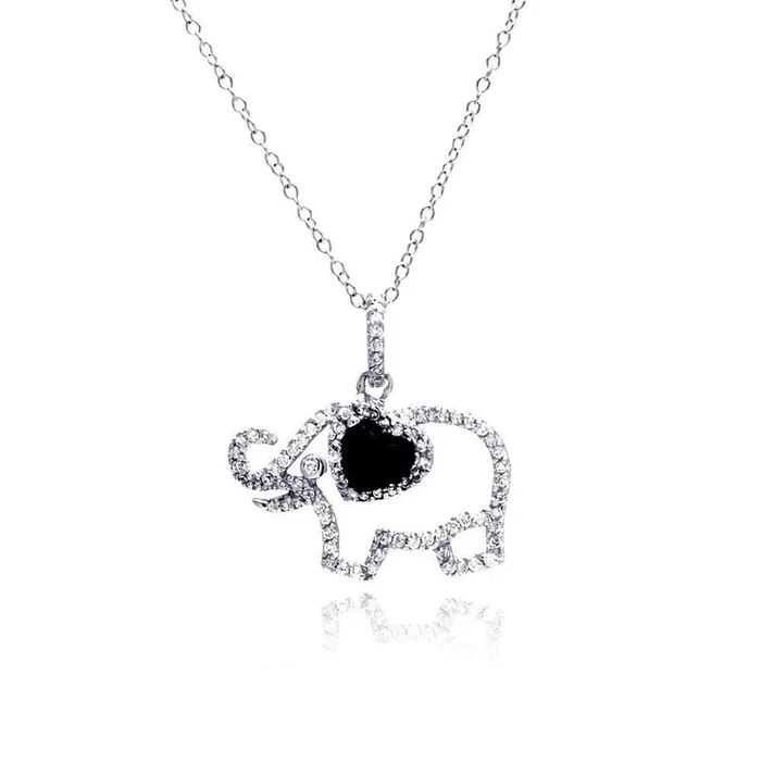 Silver 925 Rhodium Plated Clear CZ Elephant Pendant Necklace – STP01312