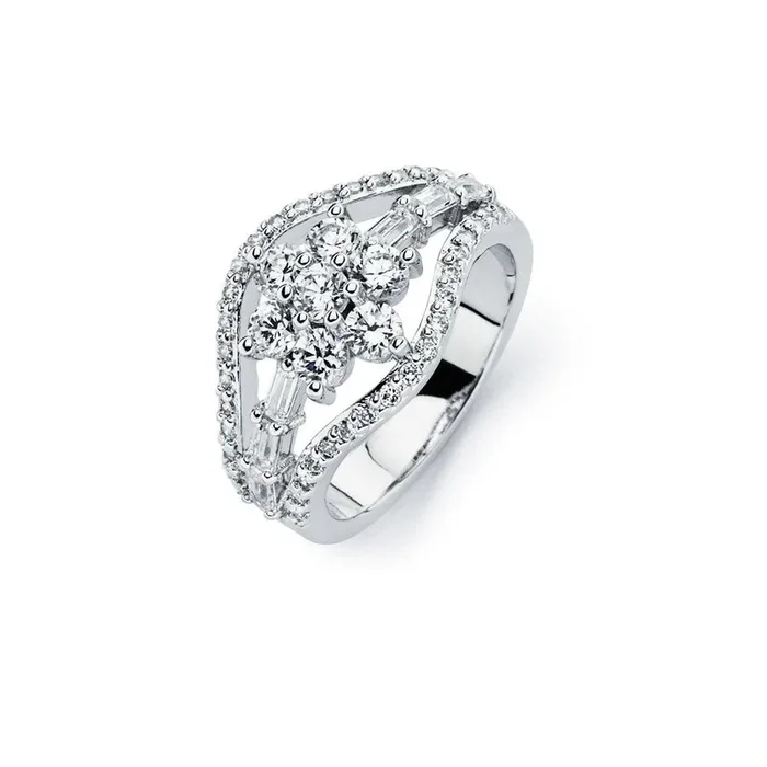 Silver 925 Rhodium Plated Clear CZ Flower Ring – BGR00721