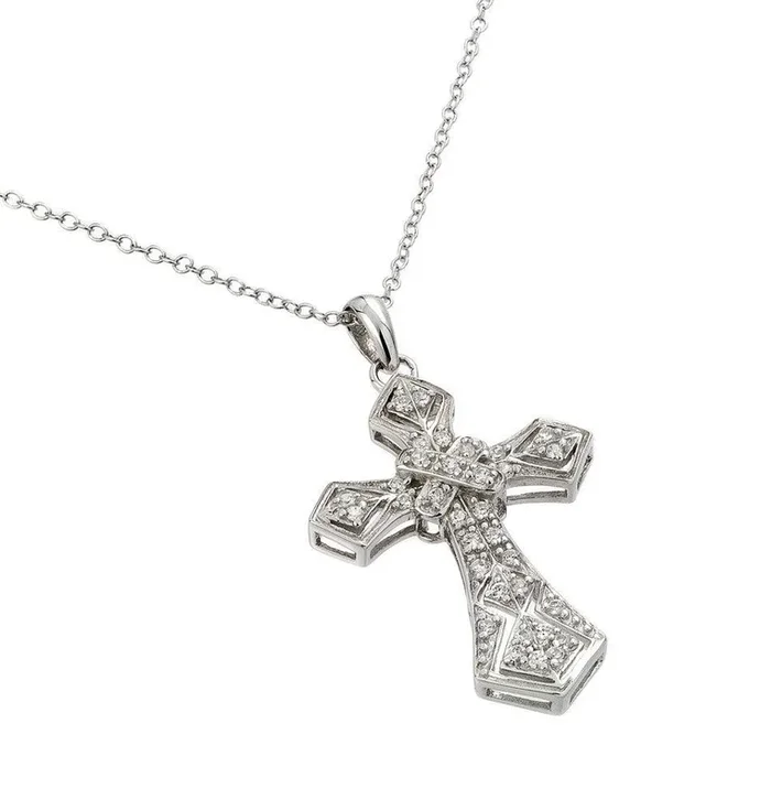 Silver 925 Rhodium Plated Clear CZ Gothic Cross Pendant Necklace – BGP00838