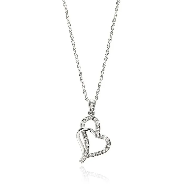 Silver 925 Rhodium Plated Clear CZ Heart Pendant Necklace – STP01351