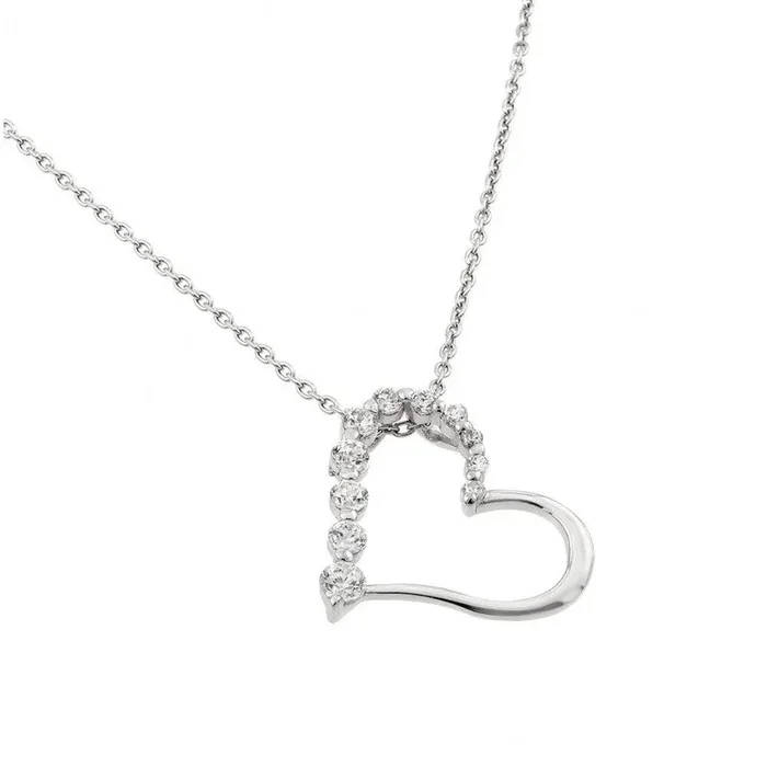 Silver 925 Rhodium Plated Clear CZ Heart Pendant Necklace – STP01413