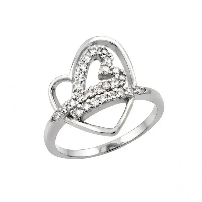 Silver 925 Rhodium Plated Clear CZ Inlay Open Heart Ring – STR00970