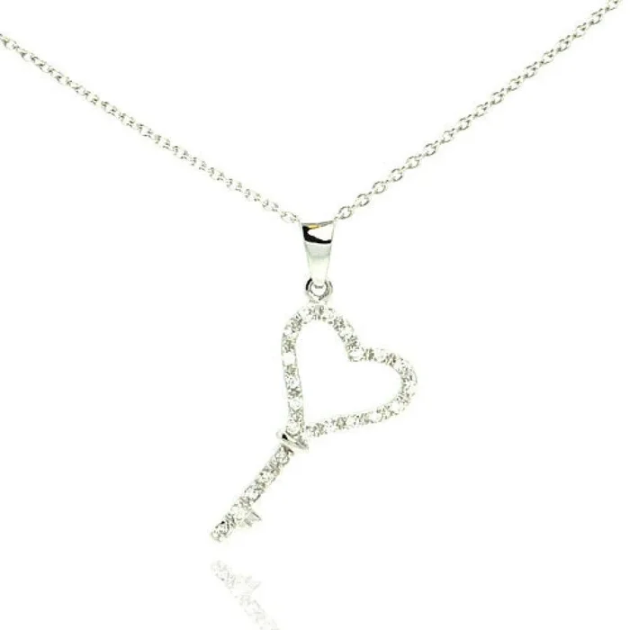 Silver 925 Rhodium Plated Clear CZ Key Pendant Necklace – STP01000