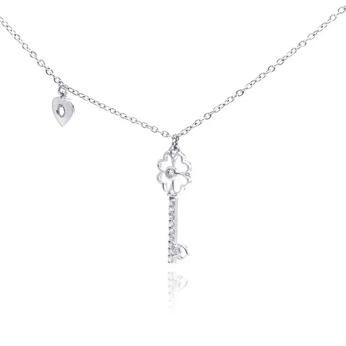 Silver 925 Rhodium Plated Clear CZ Key Pendant Necklace – STP01055