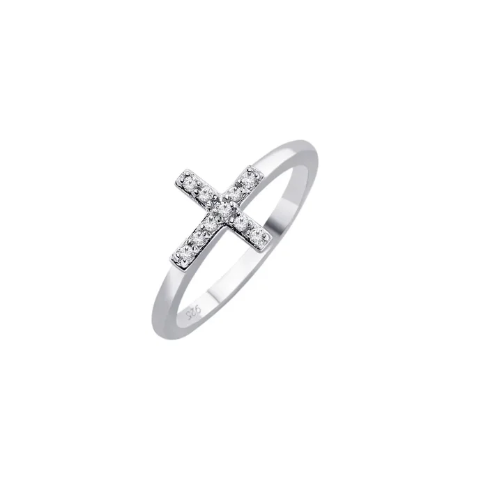 Silver 925 Rhodium Plated Clear CZ Mini Cross Ring – BGR00614