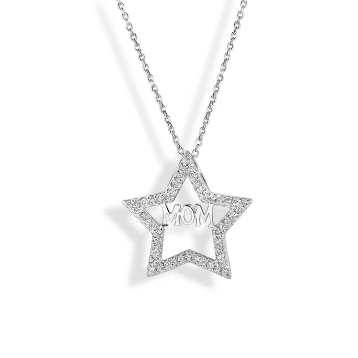 Silver 925 Rhodium Plated Clear CZ Mom Star Pendant Necklace – STP00620