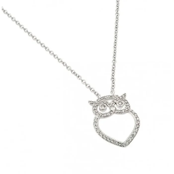 Silver 925 Rhodium Plated Clear CZ Owl Pendant Necklace – BGP00971