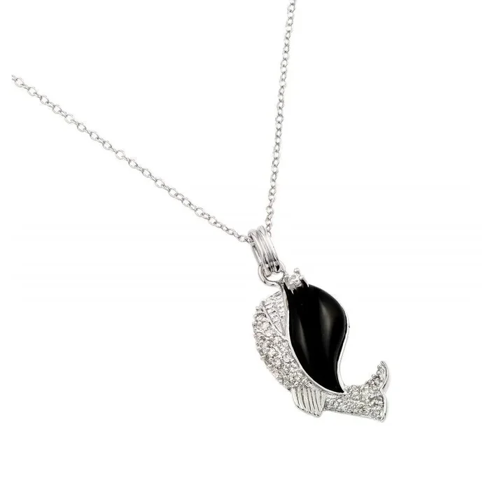 Silver 925 Rhodium Plated Clear CZ Stone Onyx Whale Pendant Necklace – BGP00855BLK