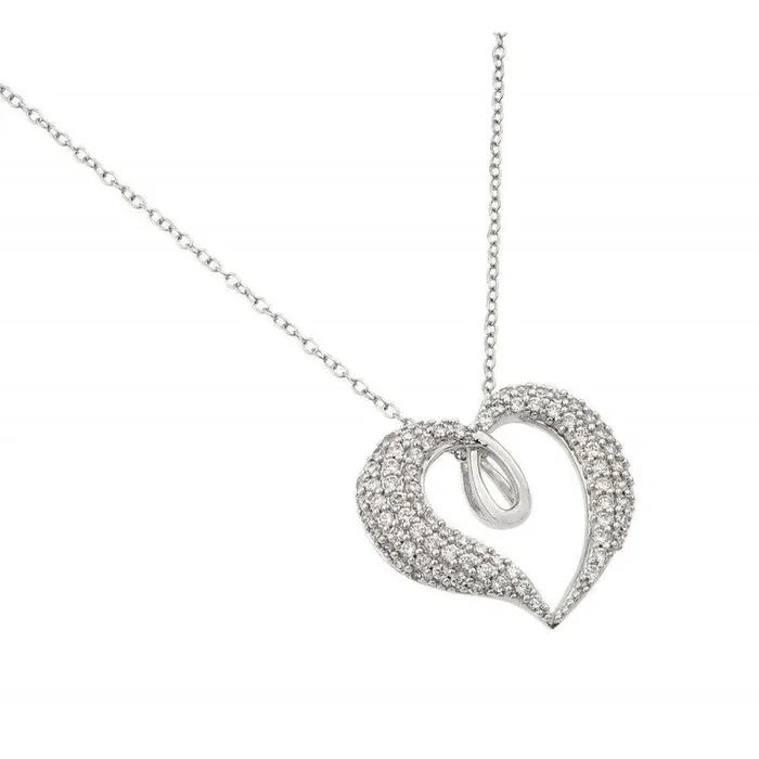 Silver 925 Rhodium Plated Clear CZ Thick Heart Pendant Necklace – BGP00961
