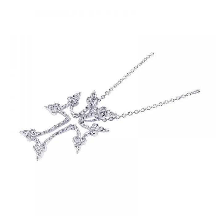 Silver 925 Rhodium Plated Clear CZ Tree Cross Pendant Necklace – STP00602