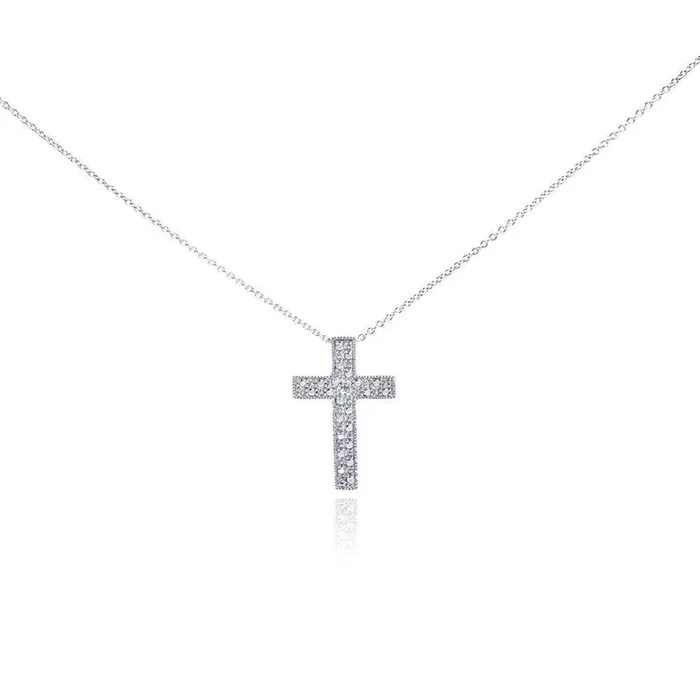 Silver 925 Rhodium Plated Clear Diamond Cross Pendant Necklace – STP01030