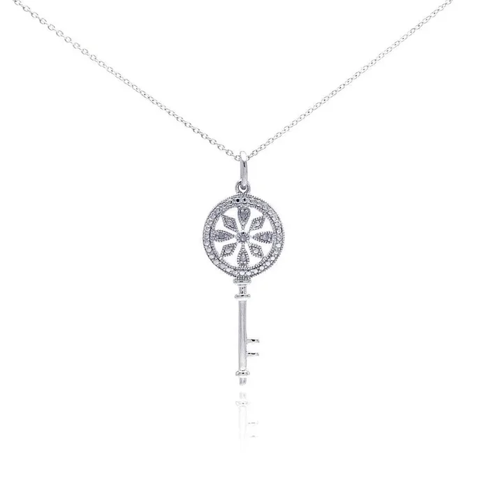 Silver 925 Rhodium Plated Clear Diamond Key Pendant Necklace – STP01039
