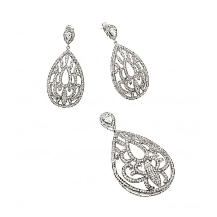 Silver 925 Rhodium Plated Clear Filigree Micro Pave CZ Dangling Stud Earring and Necklace Set – GMS00007RH