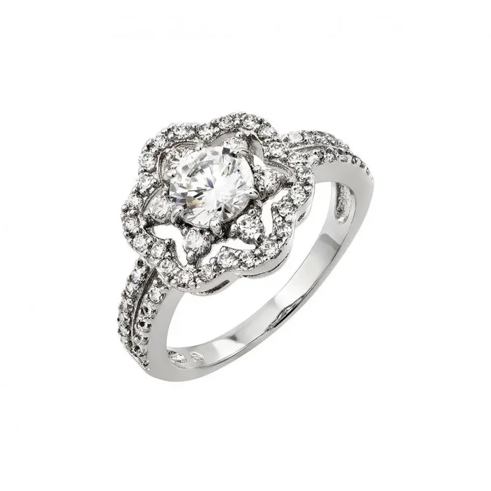 Silver 925 Rhodium Plated Clear Inlay CZ Flower Ring – BGR00791