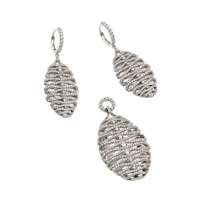 Silver 925 Rhodium Plated Clear Micro Pave Skeletal Oval CZ Dangling Stud Earring and Dangling Necklace Set – GMS00014RH