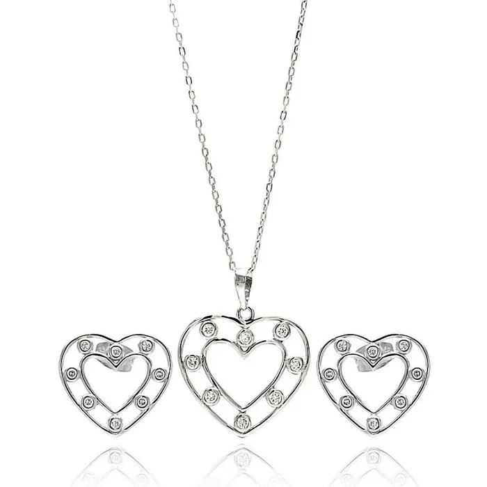 Silver 925 Rhodium Plated Clear Open Outline Heart CZ Stud Earring and Dangling Necklace Set – BGS00262