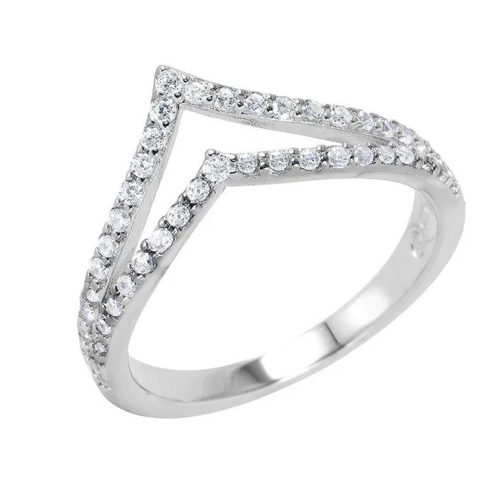 Silver 925 Rhodium Plated Clear Pave Set CZ Double Chevron Ring – BGR00948