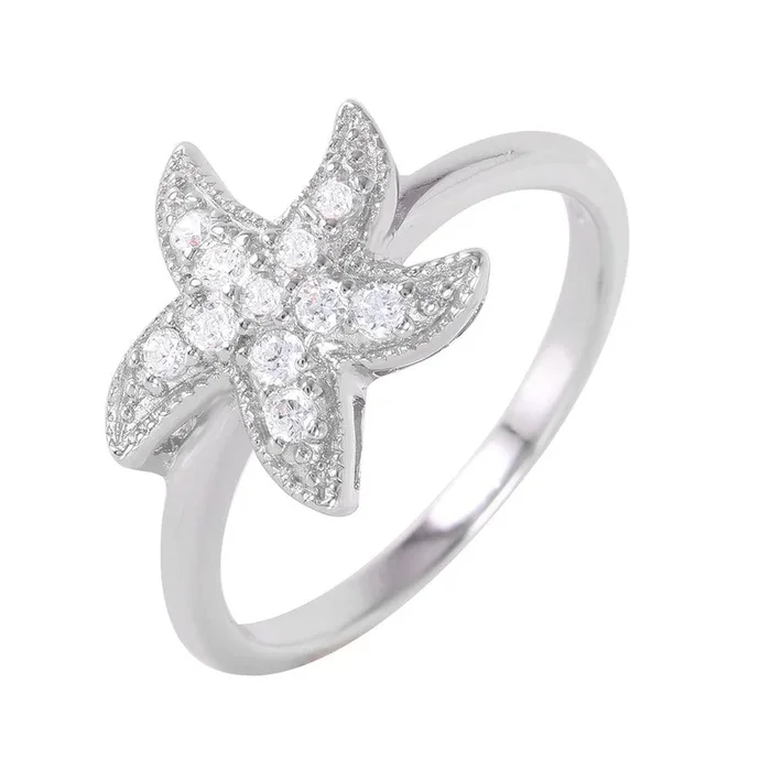Silver 925 Rhodium Plated Clear Pave Set CZ Starfish Ring – BGR00937
