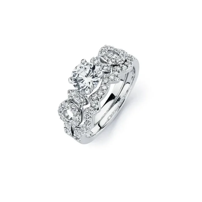Silver 925 Rhodium Plated Clear Round Center CZ Bridal Engagement Ring Set – BGR00590