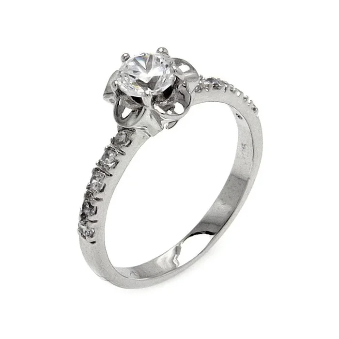 Silver 925 Rhodium Plated Clear Round Center CZ Flower Ring – BGR00548