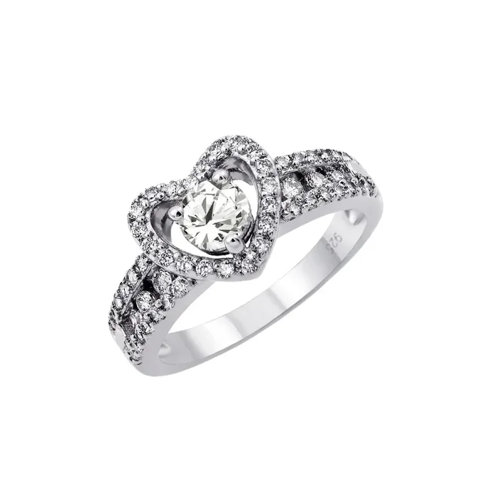 Silver 925 Rhodium Plated Clear Round Center CZ Heart Ring – BGR00789