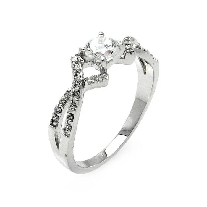 Silver 925 Rhodium Plated Clear Round Center CZ Overlap Ring – BGR00473