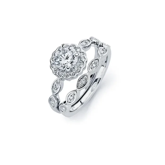 Silver 925 Rhodium Plated Clear Round Cluster Marquise Shaped CZ Bridal Engagement Ring Set – BGR00589