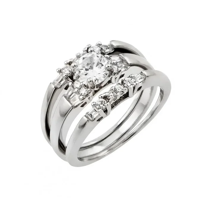 Silver 925 Rhodium Plated Clear Round CZ Inlay Bridal Engagement Ring Pair Set – STR00975