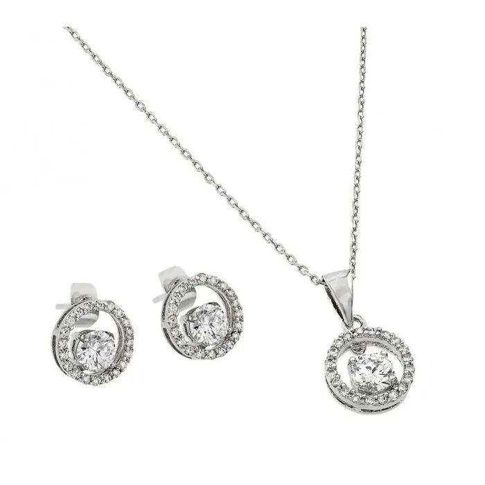 Silver 925 Rhodium Plated Clear Round Open Circle CZ Stud Earring and Dangling Necklace Set – BGS00377