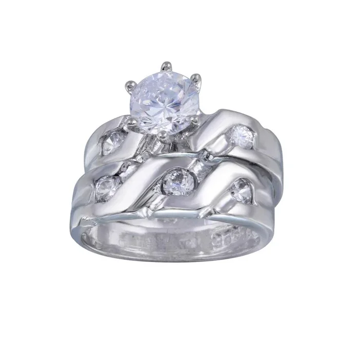 Silver 925 Rhodium Plated Clear Solitaire CZ Overlap Twist Engagement Ring Set – ANT00003