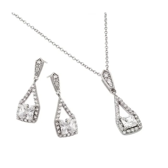 Silver 925 Rhodium Plated Clear Square CZ Hanging Stud Earring and Hanging Necklace Set – BGS00420