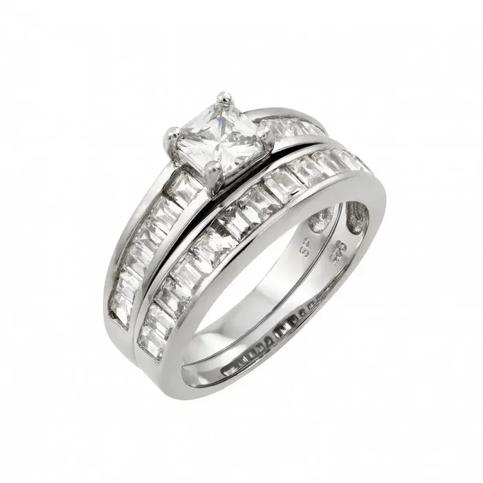 Silver 925 Rhodium Plated Clear Square CZ Inlay Engagement Ring Pair Set – STR00980