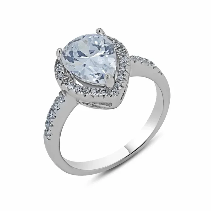 Silver 925 Rhodium Plated Clear Teardrop CZ Engagement Bridal Ring – BGR00445
