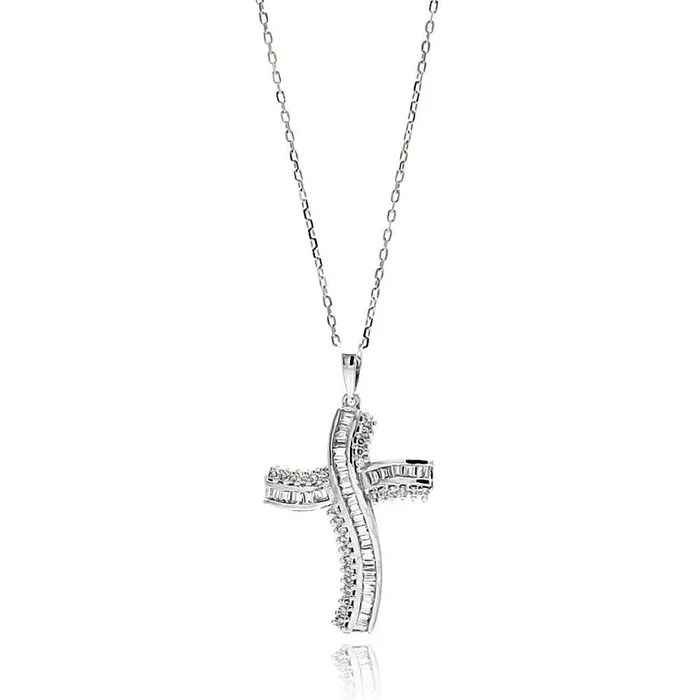Silver 925 Rhodium Plated Curvy Cross CZ Necklace – BGP00613