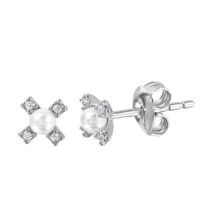 Silver 925 Rhodium Plated CZ Flower Studs with Synthetic Pearl – GME00035RH-WHITE