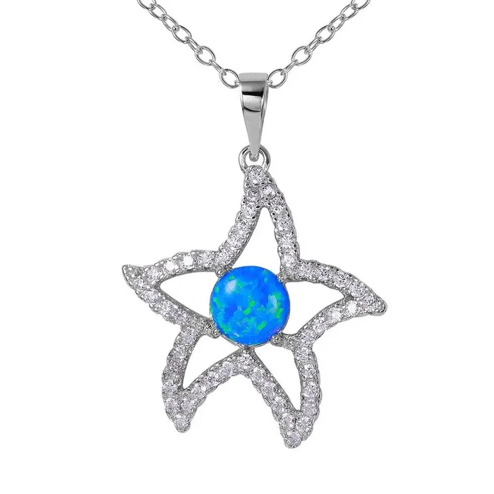Silver 925 Rhodium Plated CZ Open Starfish with Synthetic Blue Opal Necklace – BGP01073BLU