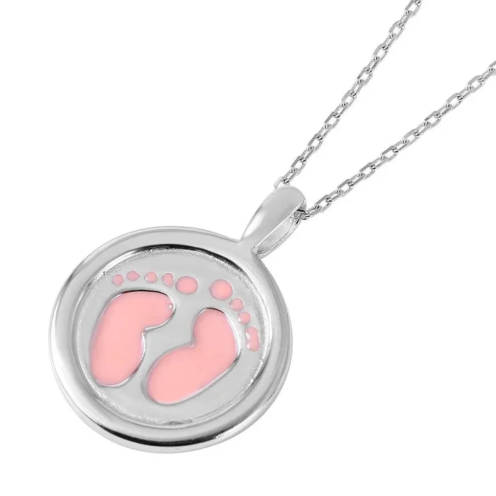 Silver 925 Rhodium Plated Disc Pink Enamel Foot Print Designed Necklace – BGP00952PNK