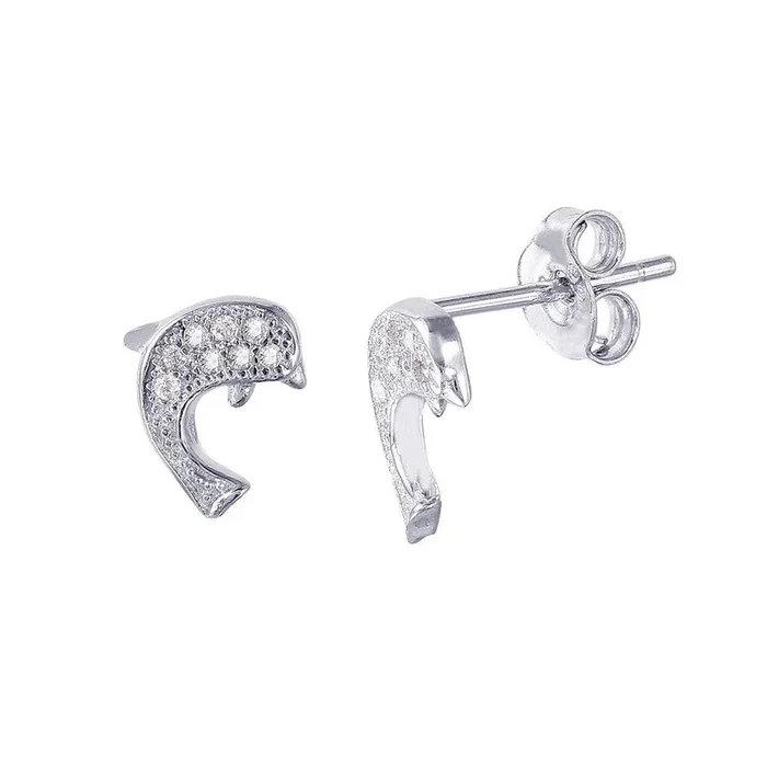 Silver 925 Rhodium Plated Dolphin CZ Earrings – STE01017