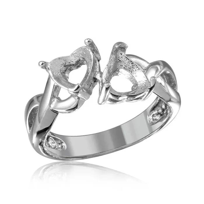 Silver 925 Rhodium Plated Double Heart Mounting Twisted Shank Ring – BGR01219