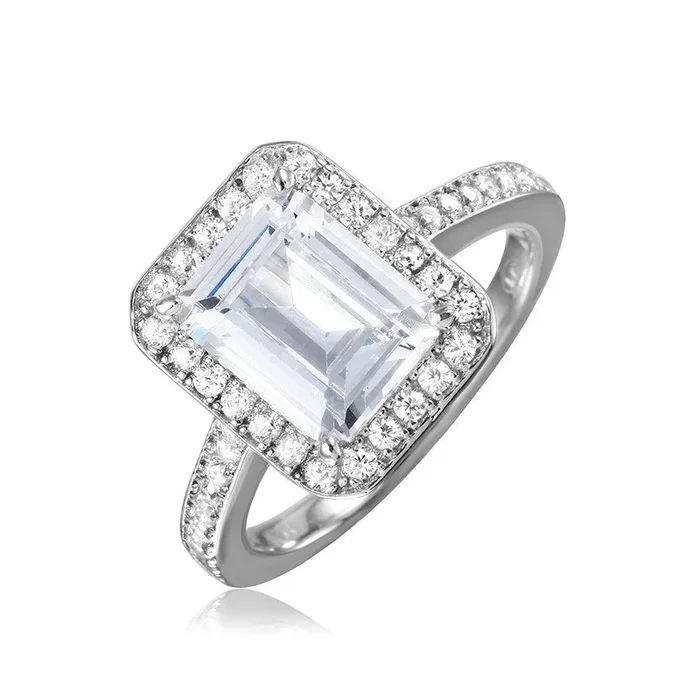 Silver 925 Rhodium Plated Emerald Cut Halo Ring – GMR00082