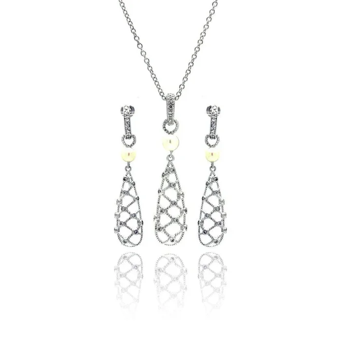 Silver 925 Rhodium Plated Fishnet Drop Pearl Clear CZ Dangling Stud Earring and Dangling Necklace Set – BGS00143