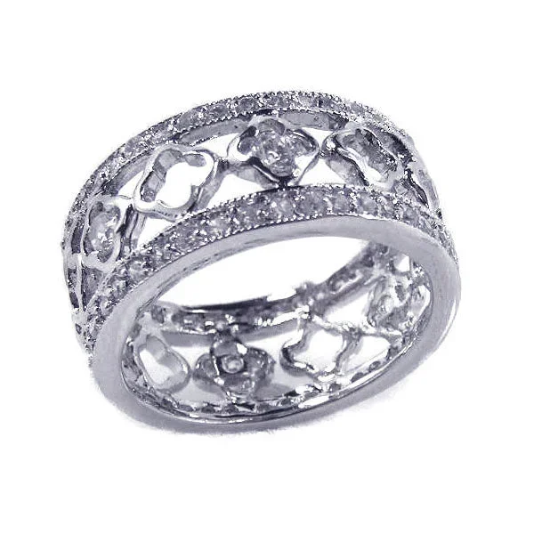 Silver 925 Rhodium Plated Flower 10mm Band Alternating CZ Ring – BGR00112